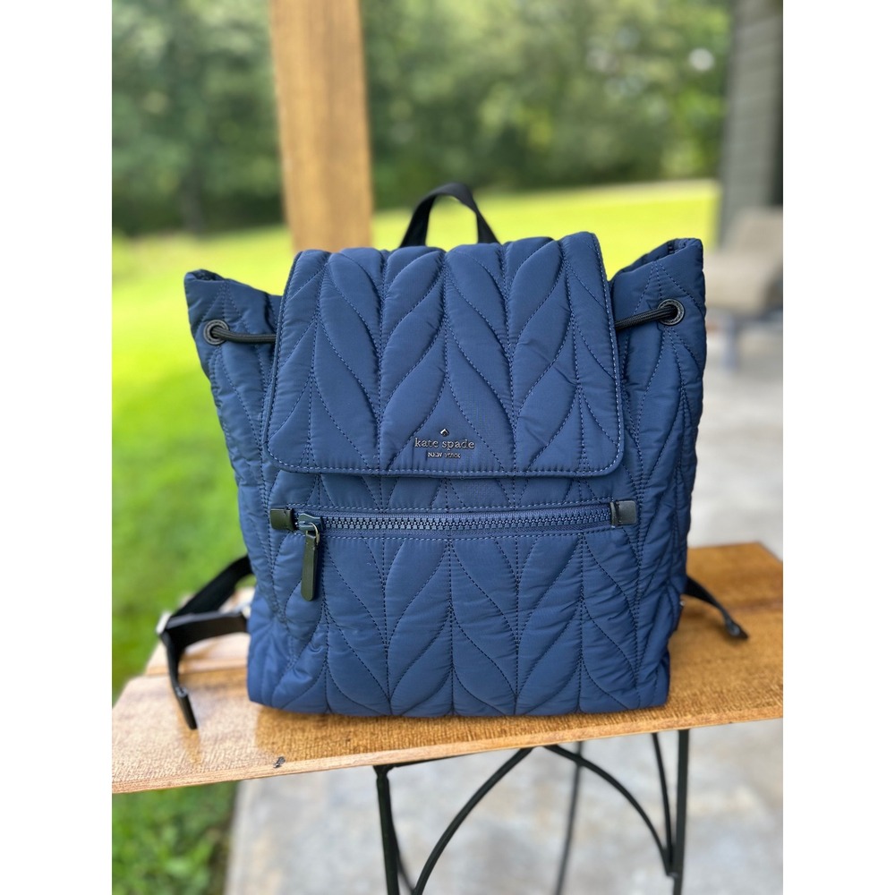 Kate Spade Ellie Flap Backpack Navy Quilted Lightweight‎ Nylon Travel Laptop Bag - Picture 2 of 14